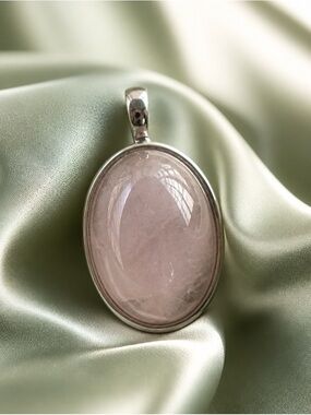Rose Quartz Oval Pendant Necklace in Pink with Silver Bezel
